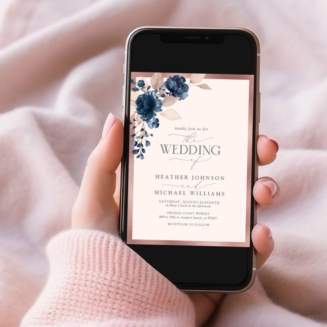 Convite Marinho Dourado Elegante Azul Blush Cor-de-rosa (Criador carregado)