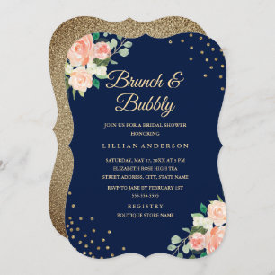 Convite Marinho Dourado Floral Confetti Brunch e Bubble