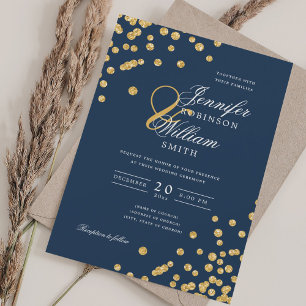Convite Marinho Dourado Glitter Confetti de Casamento de S