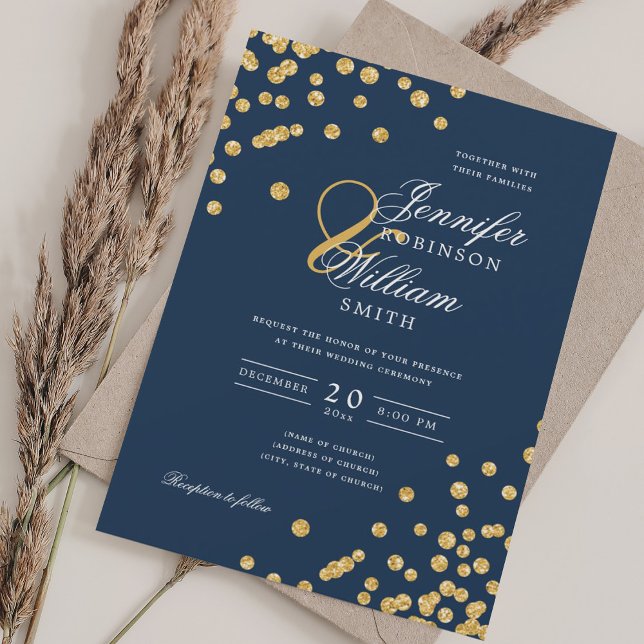 Convite Marinho Dourado Glitter Confetti de Casamento de S (Elegant Script Wedding Gold Glitter Confetti Navy Invitation)