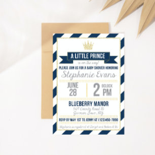 Convite Marinho Dourado Glitter Prince Chá de fraldas Inv