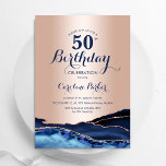 Convite Marinho Dourado Marble Agate 50º Aniversário<br><div class="desc">Marinho azul e rosa dourado agate 50º convite de aniversário. Elegante design moderno com cor azul-real de água agate marble geode background, faux glitter rosa gold e typografia script font. Trendy convida o cartão perfeito para uma comemoração de dia das mulheres na moda. Impressos convites Zazzle ou modelo de impressão...</div>