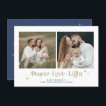 Convite Marinho Dourado Menorah Peace Love Light Hanukkah<br><div class="desc">Este cartão de Chanucá apresenta uma citação de fonte única "luz de amor pela paz" com cores editáveis,  duas fotos quadradas e estrelas de ouro elegantes. Edite facilmente o texto *mais* e mude as cores para o melhor pacote de suas necessidades.</div>