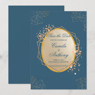 Convite Marinho Dourado Oval Floral Boho Salvar Data