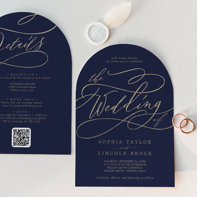 Convite Marinho Dourado Romântico Tudo Em Um Casamento De  (Romantic Gold Navy All In One QR Code Arch Wedding Invitation)