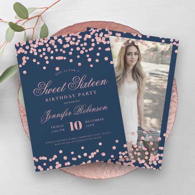 Convite Marinho Dourado rosa Blue Confetti Foto Sweet 16 (Rose Gold Navy Blue Confetti Photo Sweet 16 Invitation)