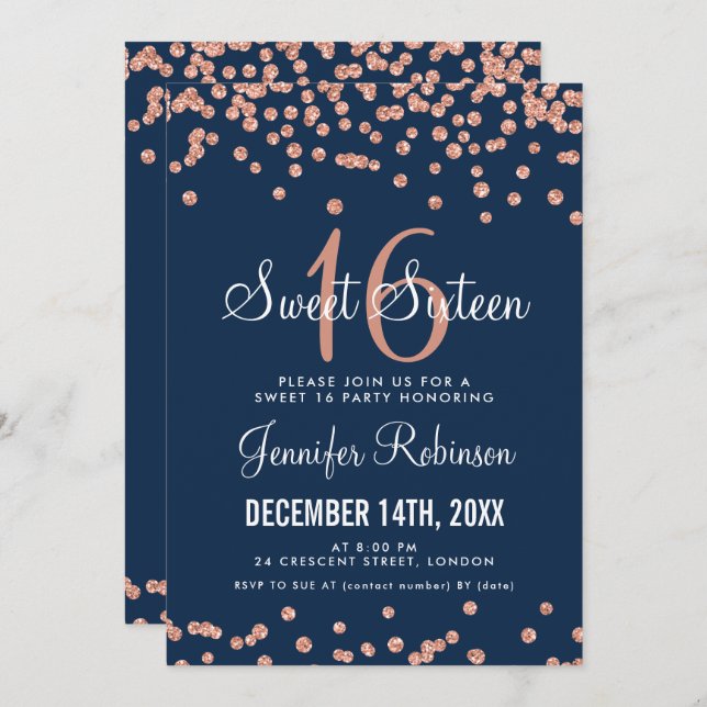 Convite Marinho Dourado rosa Doce 16 Aniversário Glitter C (Frente/Verso)
