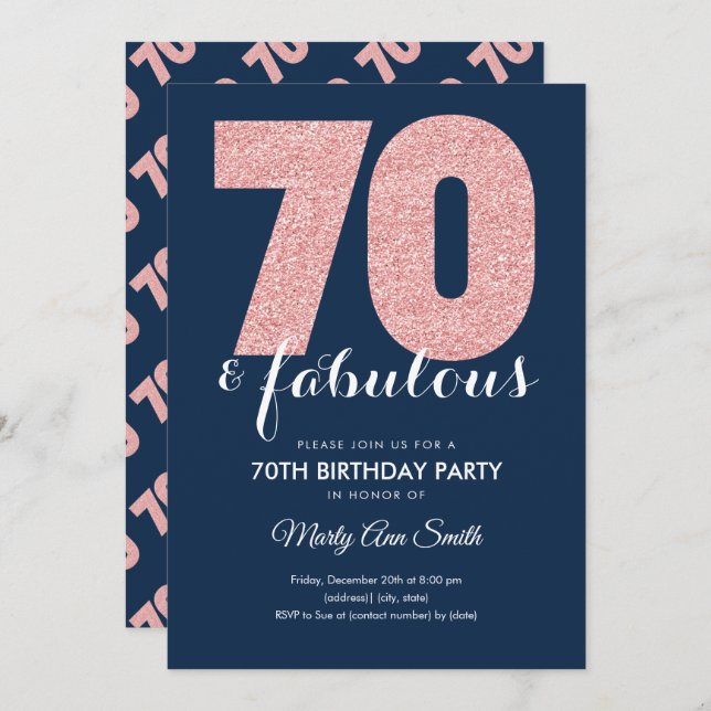 Convite Marinho Dourado Rosa Glitter 70 e aniversário fabu (Frente/Verso)
