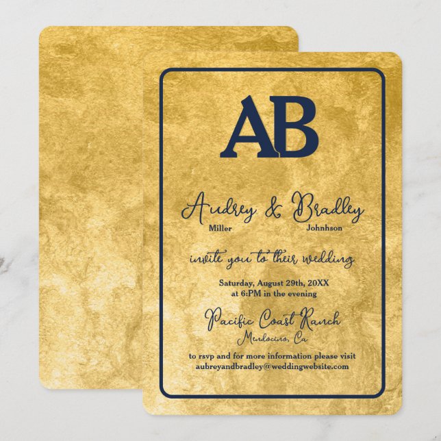 Convite Marinho Dourado Texturizado Azul 2 - Letra Monogra (Frente/Verso)