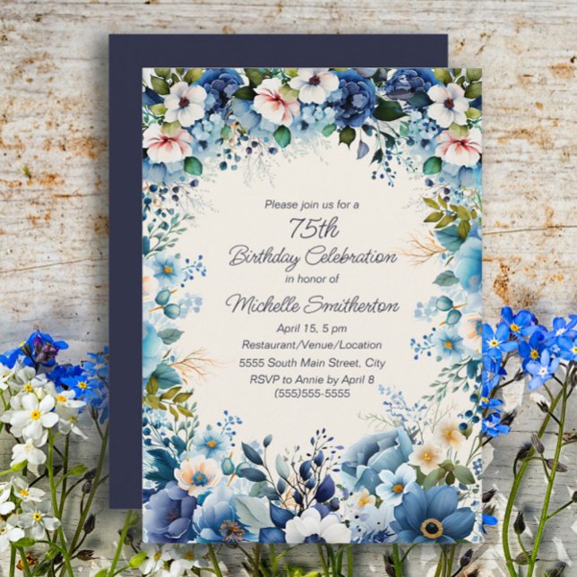 Convite Marinho Dusty Blue Floral 75º Aniversário (Blue floral 75th birthday party invitation)