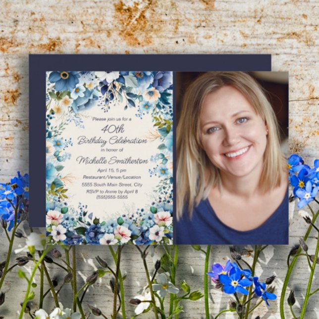 Convite Marinho Dusty Blue Floral 75 Foto de aniversário (Blue floral 40th birthday party photo invitation)