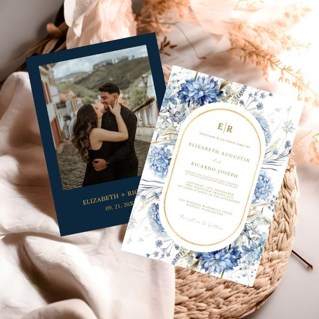 Convite Marinho Dusty Blue Primavera Floral Dourado Casame (Criador carregado)