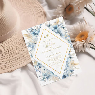 Convite Marinho Dusty Blue Primavera Floral Dourado Casame