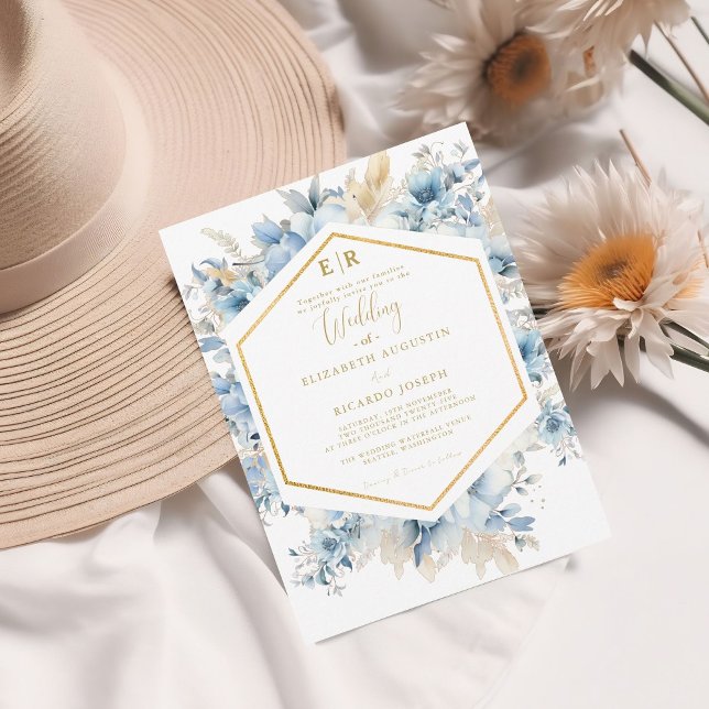 Convite Marinho Dusty Blue Primavera Floral Dourado Casame (Criador carregado)