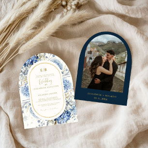 Convite Marinho Dusty Blue Primavera Floral Dourado Casame