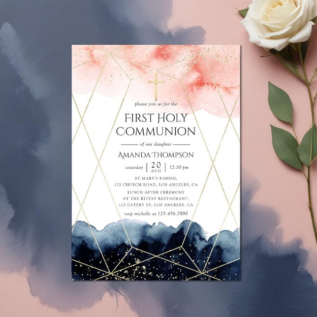 Convite Marinho e Blush Watercolor Comunhão Geométrico (First Holy Communion invitation)
