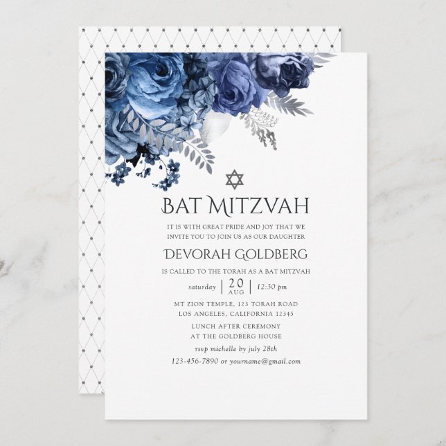 Convite Marinho e branco com tampa de prata (Frente/Verso)