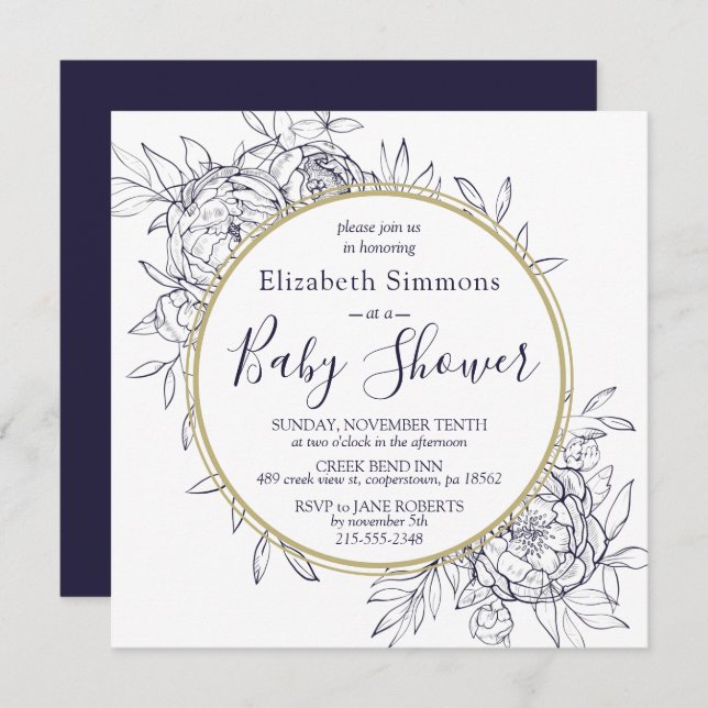 Convite Marinho e Chá de fraldas de Peony Moderno Floral M (Frente/Verso)