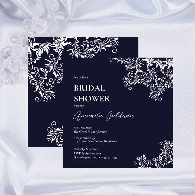 Convite Marinho e Chá de panela Elegante Branco (Navy and White Elegant Bridal Shower Invitation)