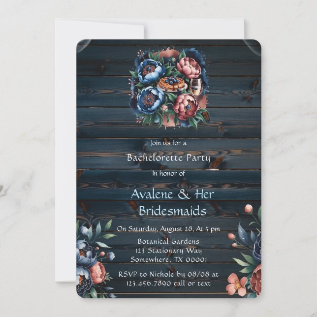 Convite Marinho e Cobre Peony Bridesmaids Luncheids (Frente)