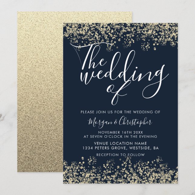 Convite Marinho e Dourado Casamento Moderno da Glitter (Frente/Verso)