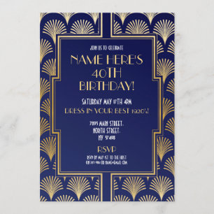 Convite marinho e Dourado do Partido Art Deco Birthday Gat