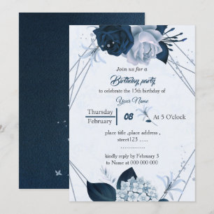 Convite marinho e flores azuis poeiras aniversário geomé