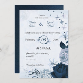 Convite marinho e flores azuis poeirentas casamento botâni