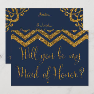 Convite Marinho E Glitter Dourado Você Será Minha Madrinha