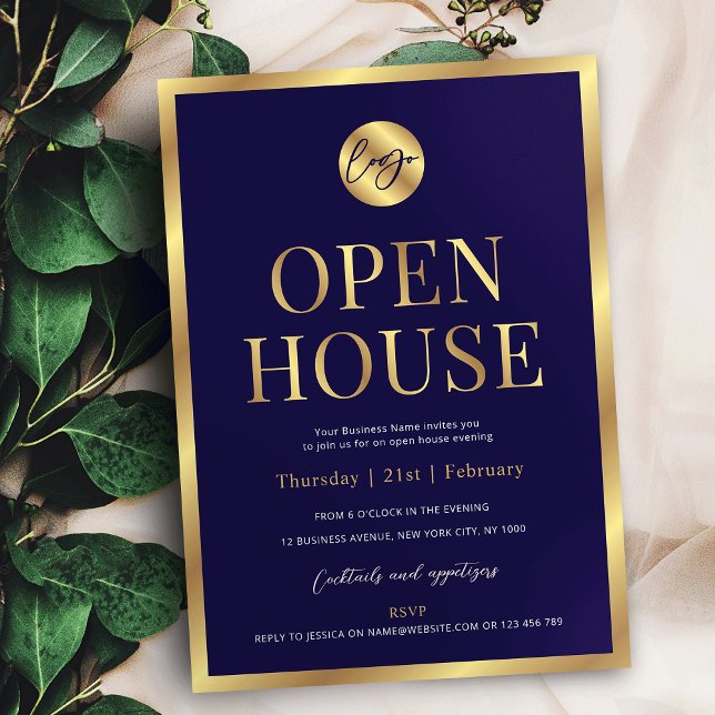 Convite Marinho e Logotipo Dourado Casa aberta moderna par (Professional navy blue and faux gold business logo open house invitation design)