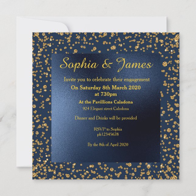 Convite Marinho e noivado Elegante Dourado (Frente)