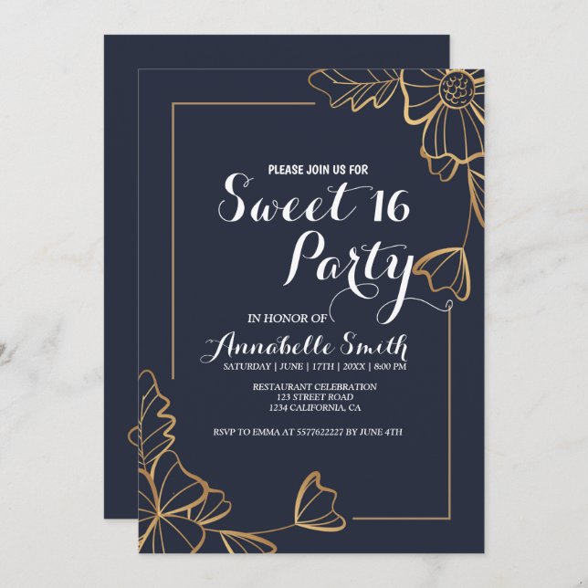 Convite Marinho e ouro floral 16 (Frente/Verso)