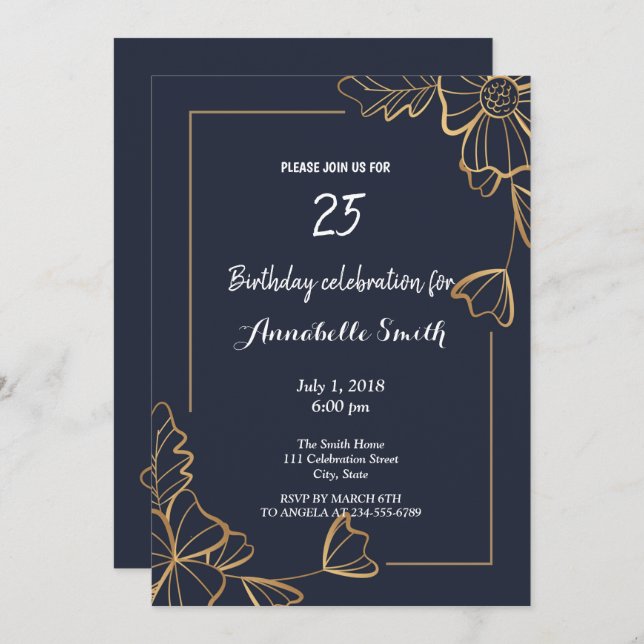 Convite Marinho e ouro floral Aniversário (Frente/Verso)