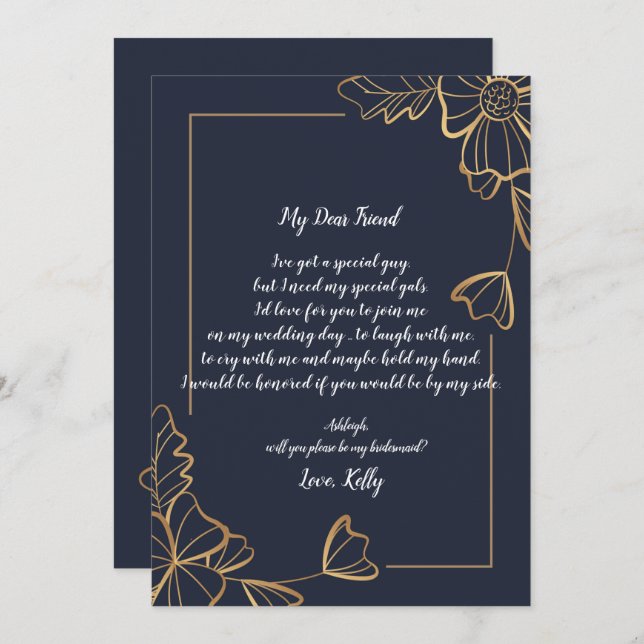 Convite Marinho e ouro floral será minha dama de honra (Frente/Verso)