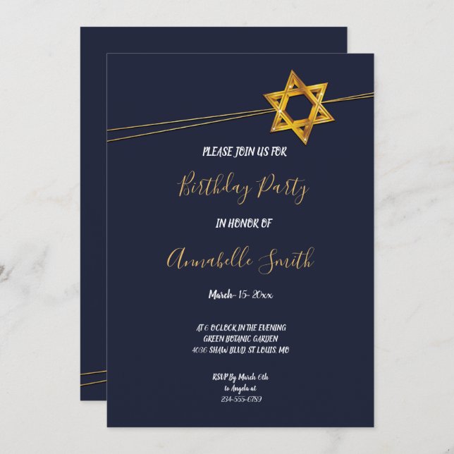 Convite Marinho e Ouro Star da Festa de aniversário David (Frente/Verso)