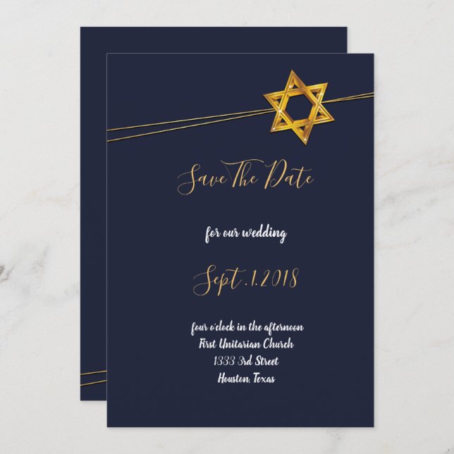 Convite Marinho e Ouro Star de David salve a data (Frente/Verso)