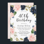 Convite Marinho e Parte de aniversário de 40 anos de Aquar<br><div class="desc">Marinho Azul Blush Watercolor aniversário de 40 anos Convidar Ver itens correspondentes em Niche e Nest Store</div>
