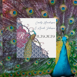 Convite Marinho e Raspberry Peacock Damask Salvar a Data