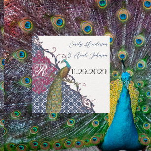 Convite Marinho e Raspberry Peacock Damask Salvar a Data