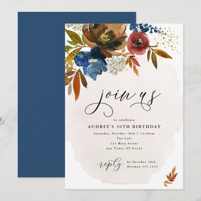 Convite Marinho e Rust Boho Flores Aniversário (Frente/Verso)