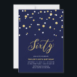 Convite Marinho e simples Dourada 60ª Festa de aniversário<br><div class="desc">Celebre seu dia especial com este mínimo de 60º convite de aniversário. Este design apresenta um script de na moda com letra "Sessenta" com um confete em forma de hexágono com uma combinação de cores azul e dourada do marinho. Há mais designs disponíveis no meu compro BaraBomDesign.</div>