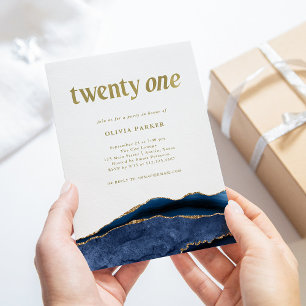 Convite Marinho Elegante, Agato Azul e Dourado ANIVERSÁR