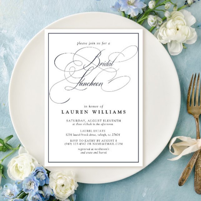 Convite Marinho Elegante Almofada Azul de Caligrafia (Easily personalize this beautiful bridal luncheon invitation for the perfect celebration!)
