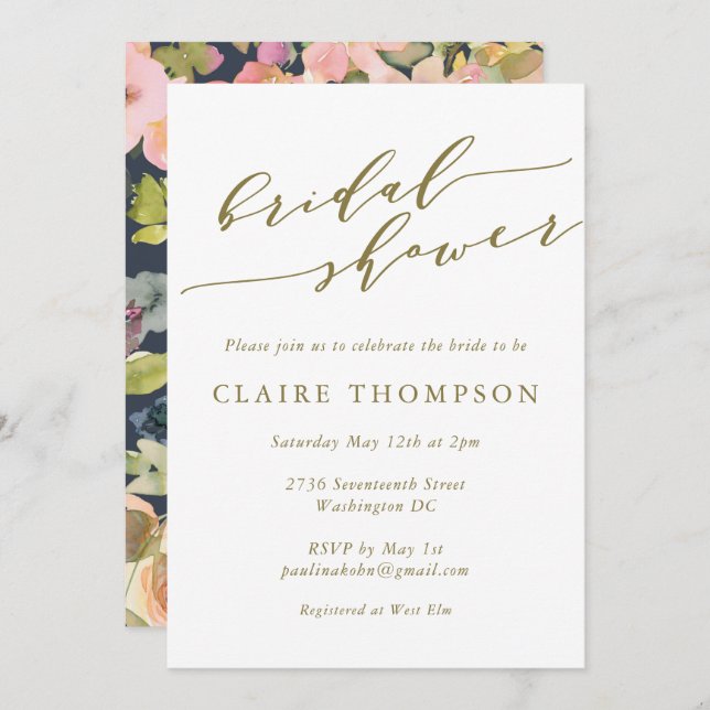 Convite Marinho Elegante Aquarela Chá de panela Dourado Fl (Frente/Verso)