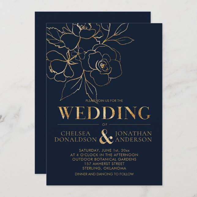 Convite Marinho Elegante Azul com Casamento de Rosas Desen (Frente/Verso)