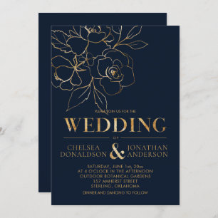 Convite Marinho Elegante Azul com Rosas Dourados