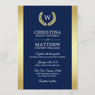 Convite Marinho Elegante Azul Dourado Laurel Monograma Cas
