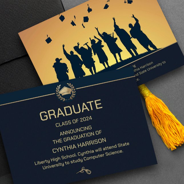 Convite Marinho Elegante Azul e Dourado (Elegant Photo Navy Blue and Gold Invitation,  #graduationparty #vavyblueandgold #blueandgoldfoil)