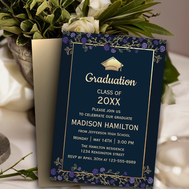 Convite Marinho Elegante Azul e Festa de formatura Dourada (Elegant Navy Blue and Gold Graduation Party Invitation, 
 #purpleinvitation #purplegraduation )