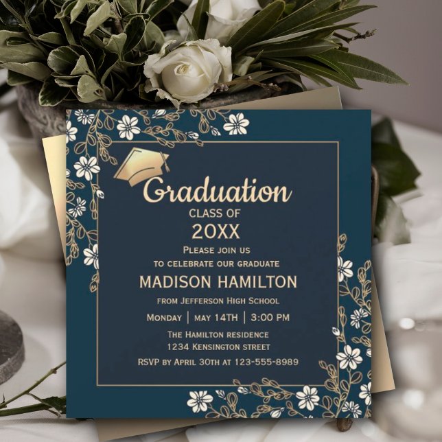 Convite Marinho Elegante Azul e Festa de formatura Dourada (Elegant Navy Blue and Gold Graduation Party Invitation, Gold Frame Luxury Graduation,  #navygold)
